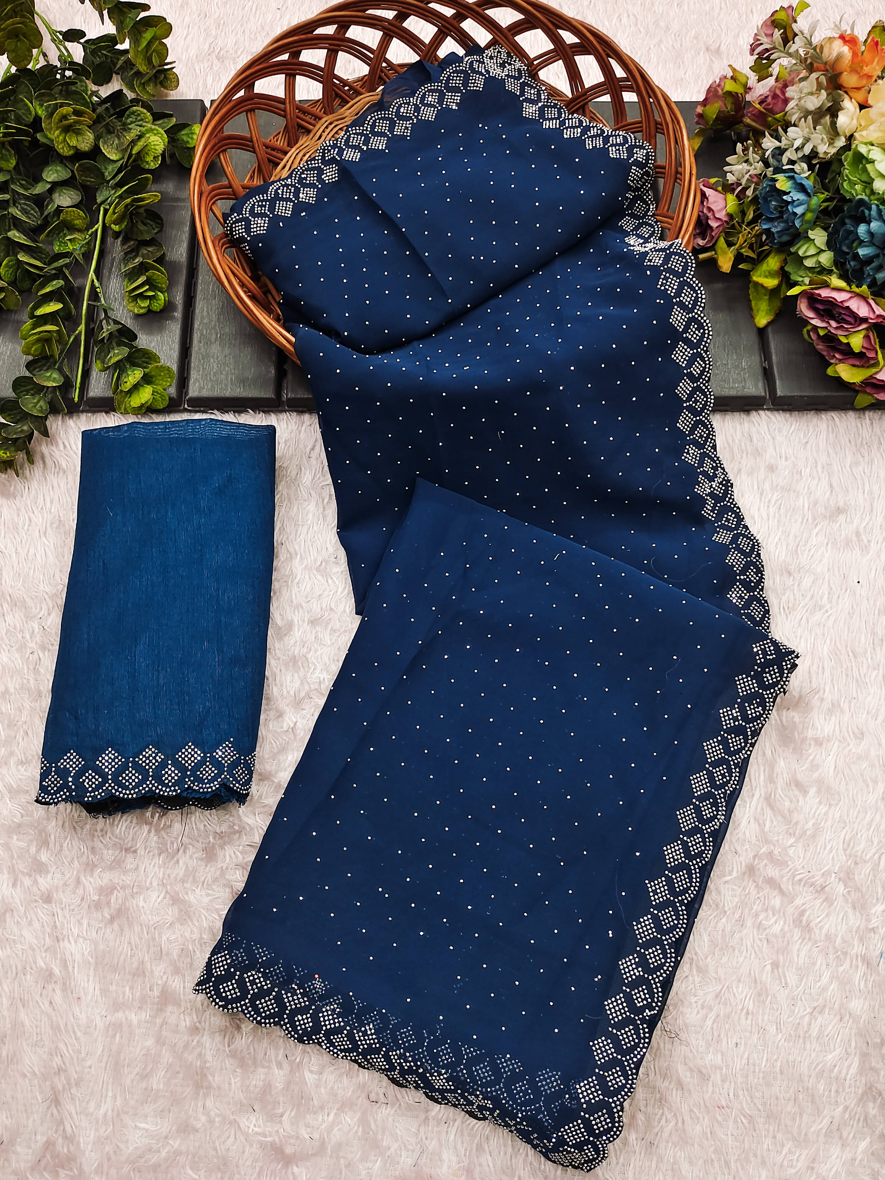     			Kashvi Sarees Georgette Self Design Kasavu Saree With Unstitched Blouse Piece ( Blue )