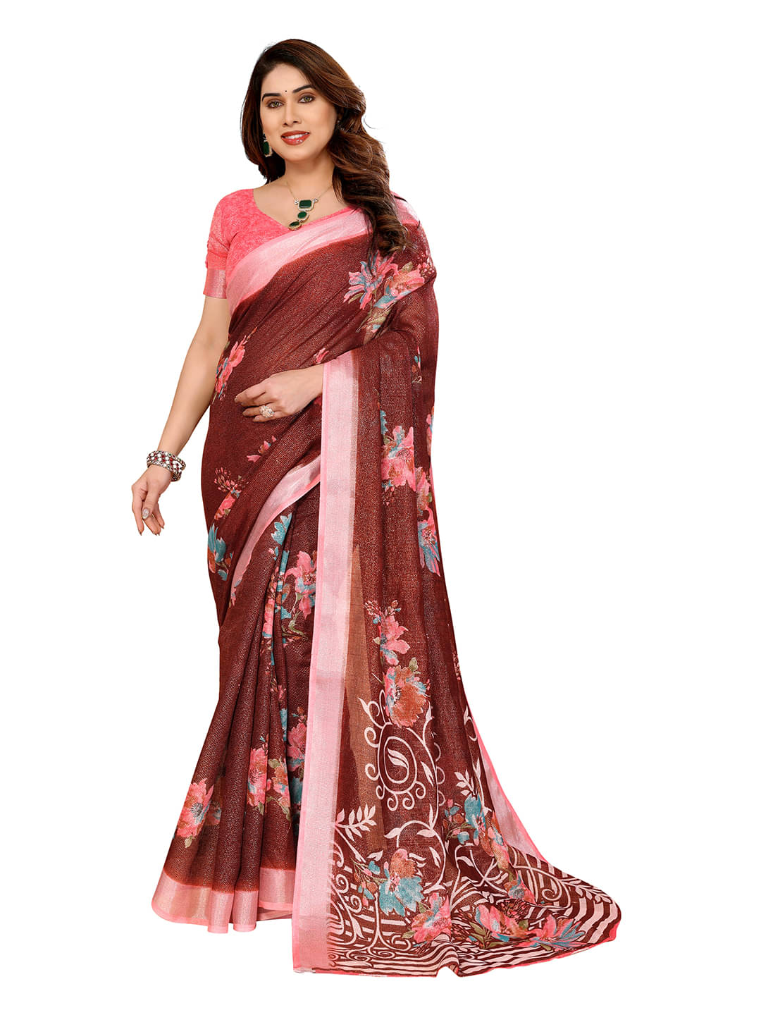 Kashvi Sarees Linen Printed Ilkal Saree With Unstitched Blouse Piece ( BROWN ) Kashvi Sarees Linen Printed Ilkal Saree With Unstitched Blouse Piece ( BROWN )