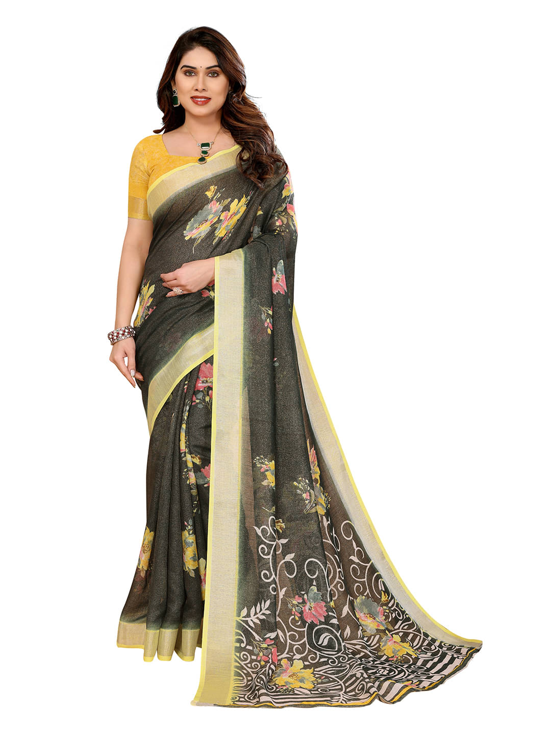     			Kashvi Sarees Linen Printed Ilkal Saree With Unstitched Blouse Piece ( GREEN )