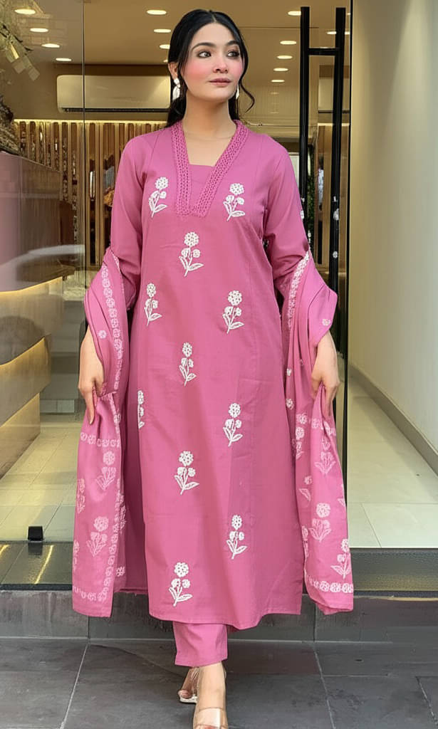     			Krisio Women Cotton Embroidered Straight Kurti With Pants ( Pink )