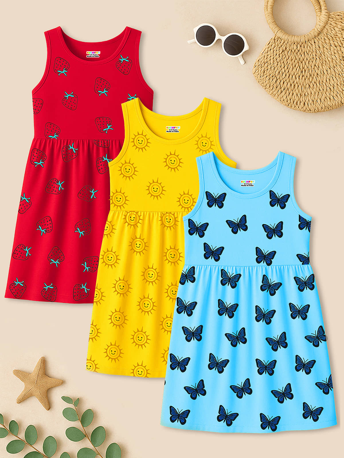 Kuchipoo Cotton Blend Dress For Girls ( Pack of 3 , Multicolor 15 )