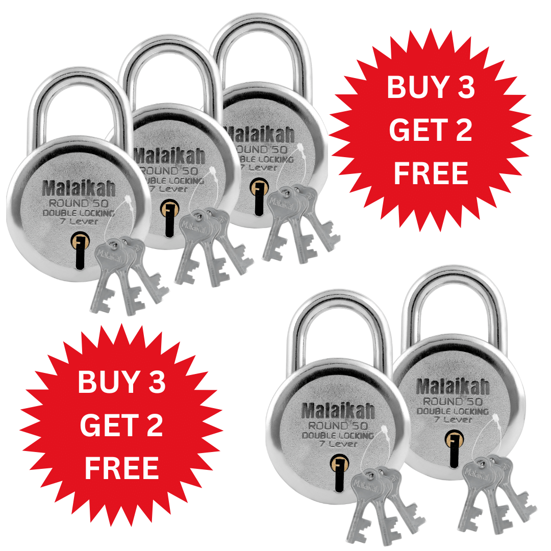     			MALAIKAH Buy 3 Get 2 Free Round 50mm Padlock Double Locking 7 Lever Comes With 3 Keys (Pack Of 5)