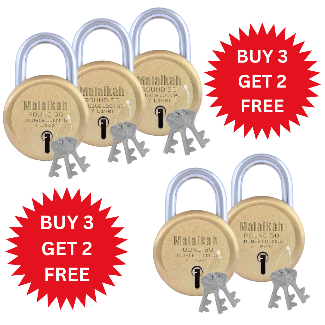     			MALAIKAH Buy 3 Get 2 Free Gold Round 50mm Padlock Double Locking 7 Lever Comes With 3 Keys (Pack Of 5)