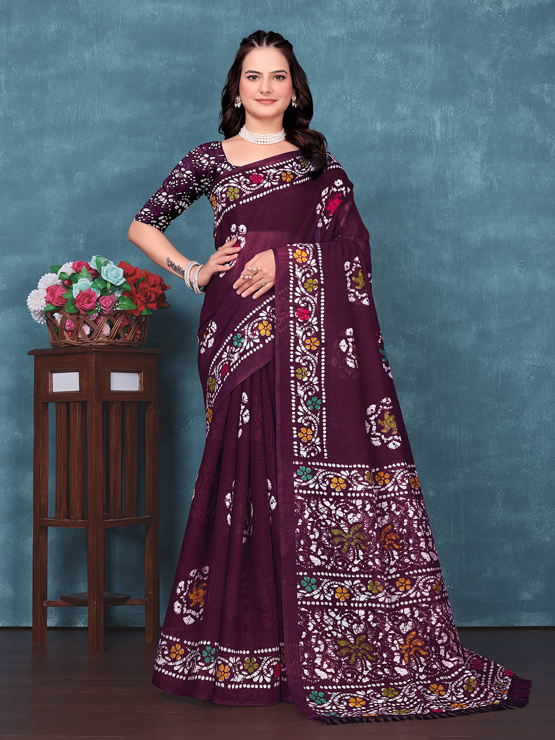     			Maayro Cotton Blend Printed Regular Saree With Unstitched Blouse Piece ( Wine )