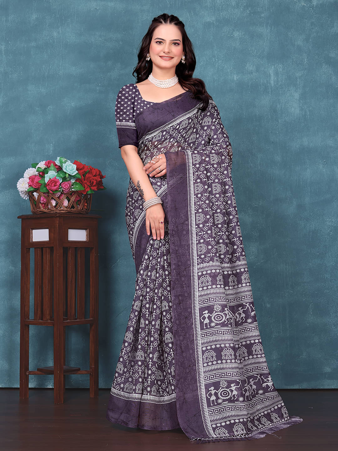 Maayro Cotton Blend Printed Regular Saree With Unstitched Blouse Piece ( Purple ) Maayro Cotton Blend Printed Regular Saree With Unstitched Blouse Piece ( Purple )