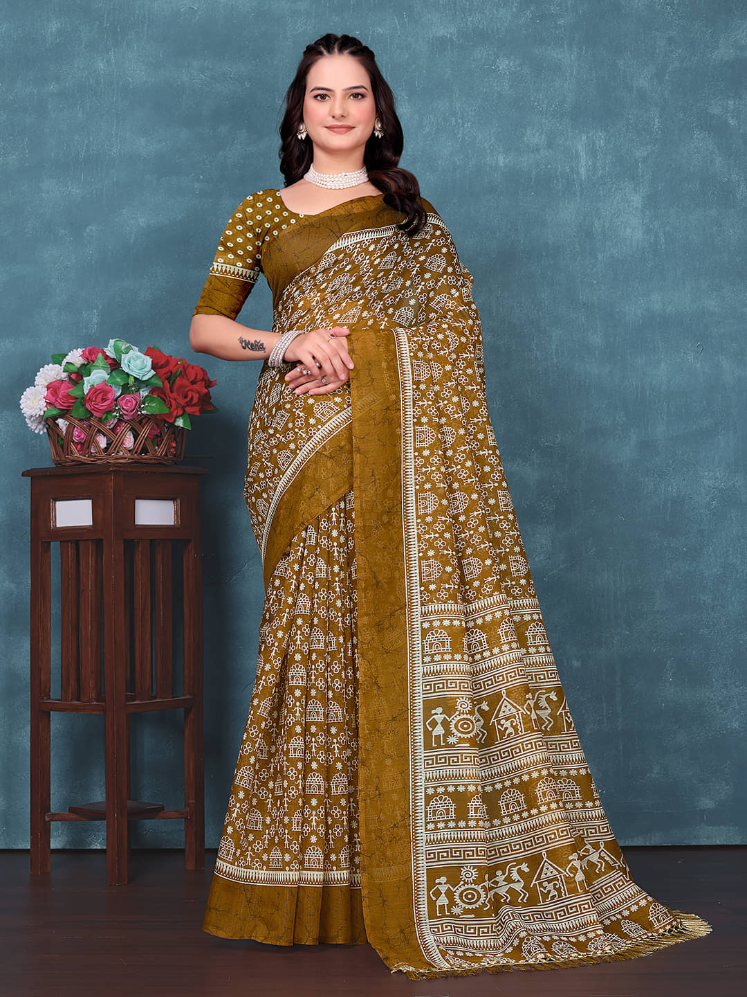 Maayro Cotton Blend Printed Regular Saree With Unstitched Blouse Piece ( Mustard ) Maayro Cotton Blend Printed Regular Saree With Unstitched Blouse Piece ( Mustard )