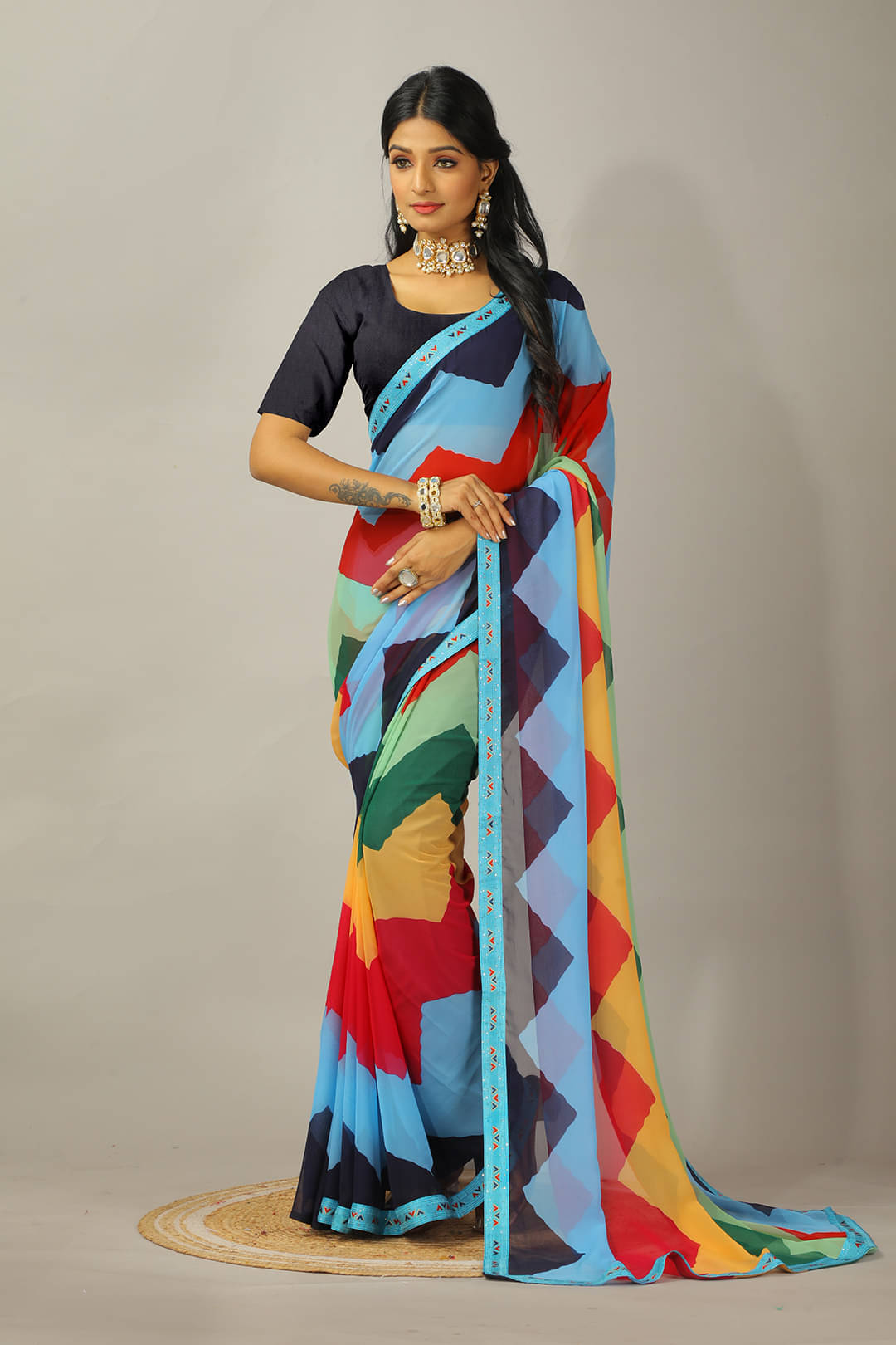 Maayro Georgette Embroidered Regular Saree With Unstitched Blouse Piece ( Navy Blue ) Maayro Georgette Embroidered Regular Saree With Unstitched Blouse Piece ( Navy Blue )