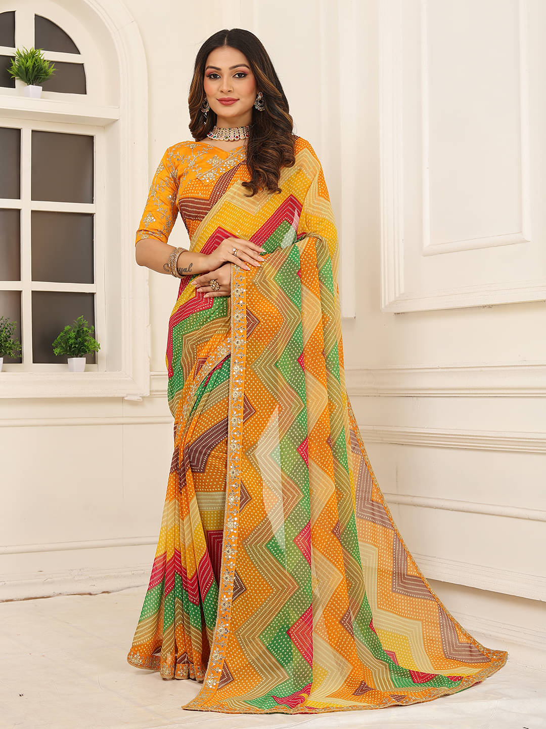     			Maayro Georgette Embroidered Regular Saree With Unstitched Blouse Piece ( Yellow )