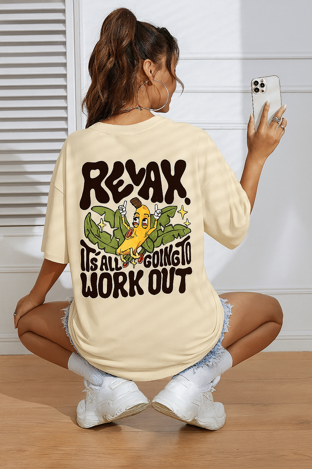     			Madilyn Women Cotton Blend Printed Oversized Fit Round Neck T-Shirt ( Beige )