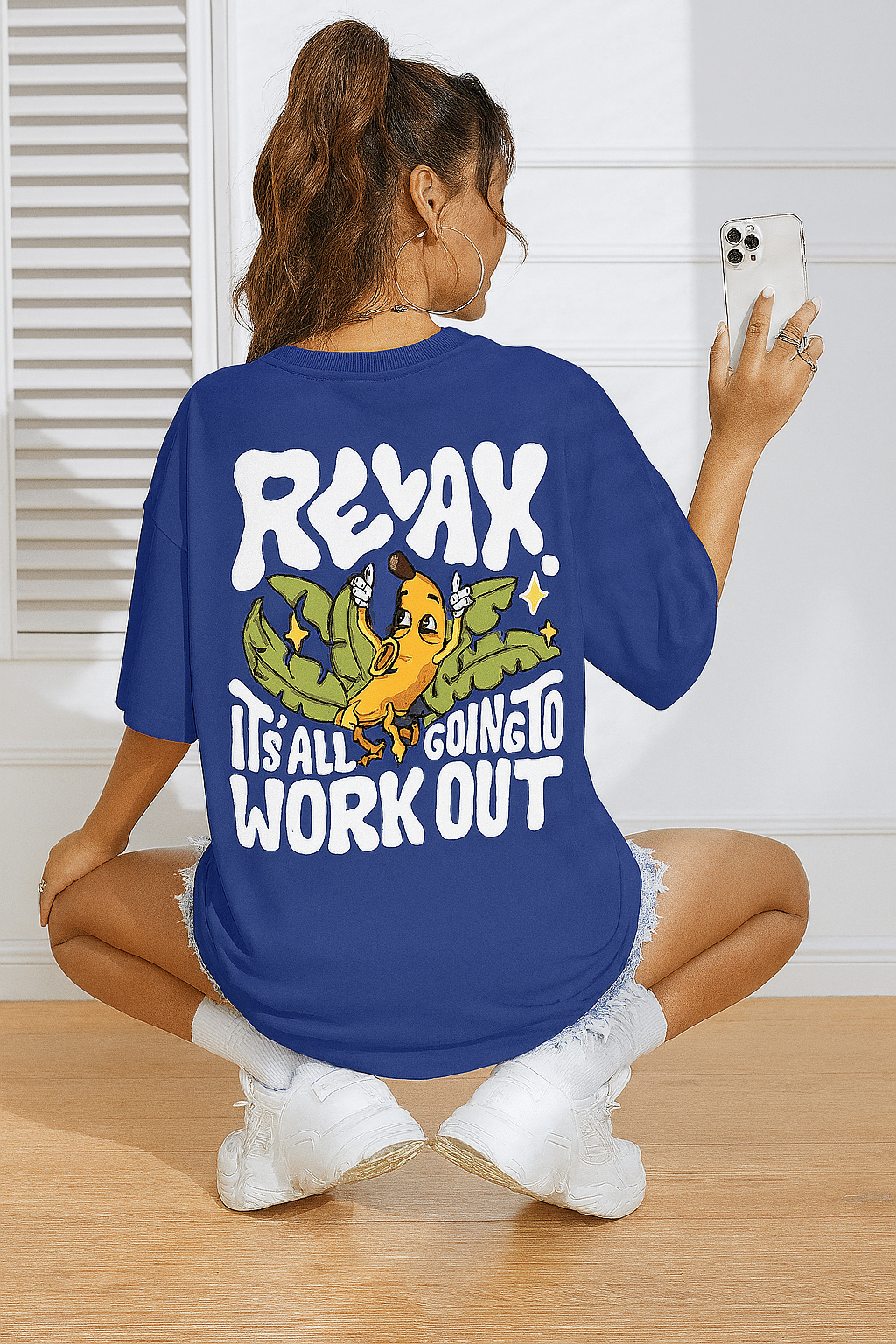     			Madilyn Women Cotton Blend Printed Oversized Fit Round Neck T-Shirt ( Blue )