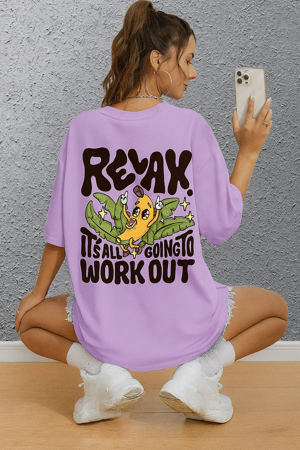     			Madilyn Women Cotton Blend Printed Oversized Fit Round Neck T-Shirt ( Purple )