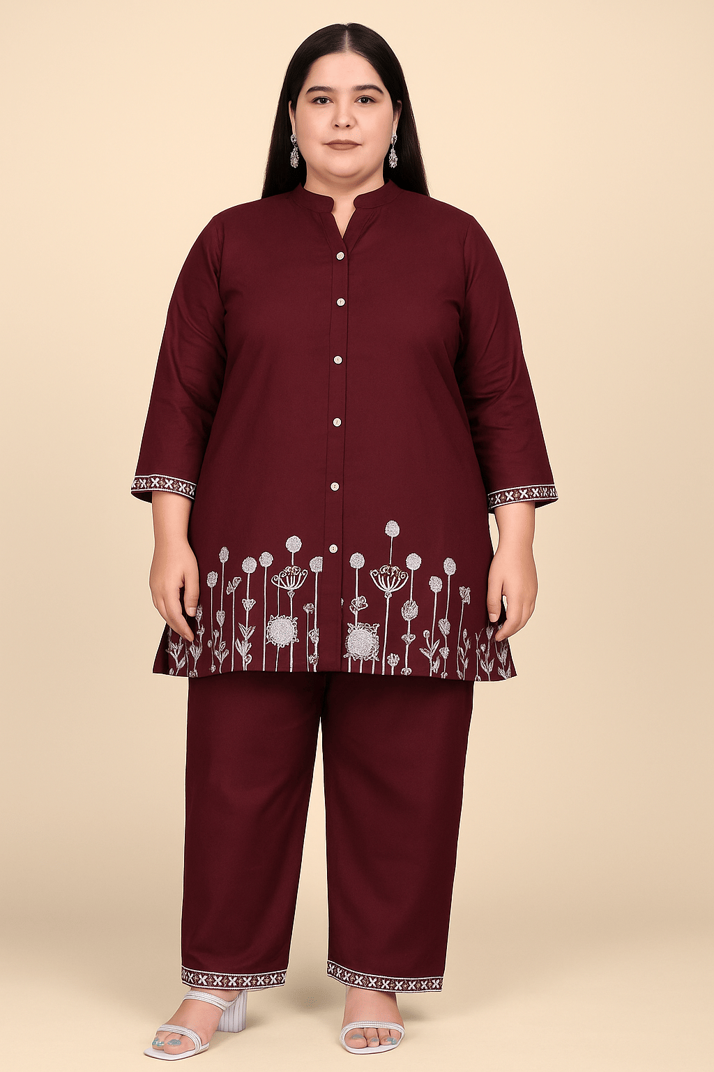 ONECLICK Women Embroidered Top With Trousers Co-Ord Set ( Maroon )     			ONECLICK Women Embroidered Top With Trousers Co-Ord Set ( Maroon )