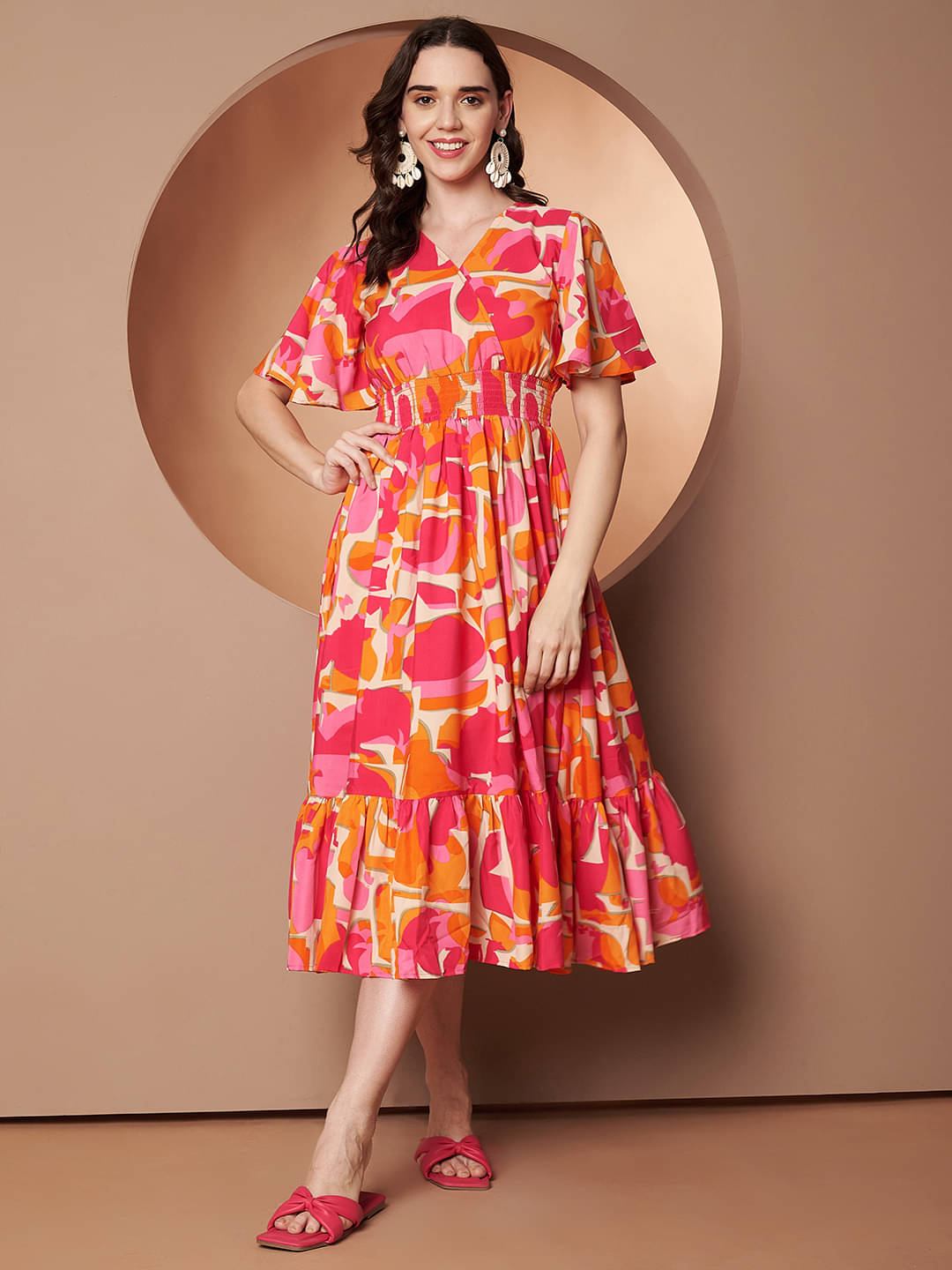 OTABU Women Polyester Printed A-line Dress ( Orange )     			OTABU Women Polyester Printed A-line Dress ( Orange )