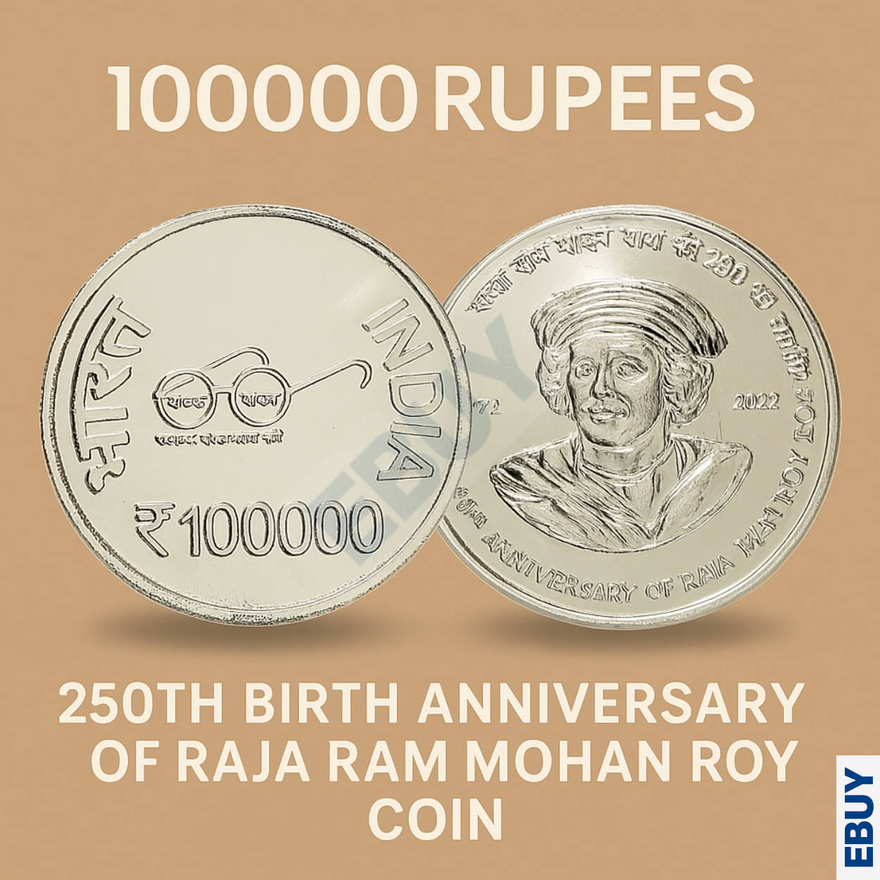     			Rare 1 Lakh Rupees 1772-2022, 250th Birth Anniversary of Raja Ram Mohan Roy – India Rare Silver-Plated Heavy Coin