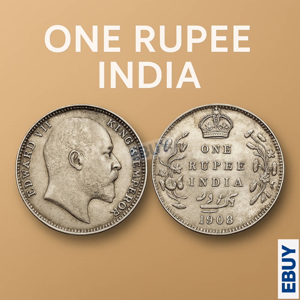     			Rare 1 Rupee 1908 King Edward VII, British India old Silver-plated Coin