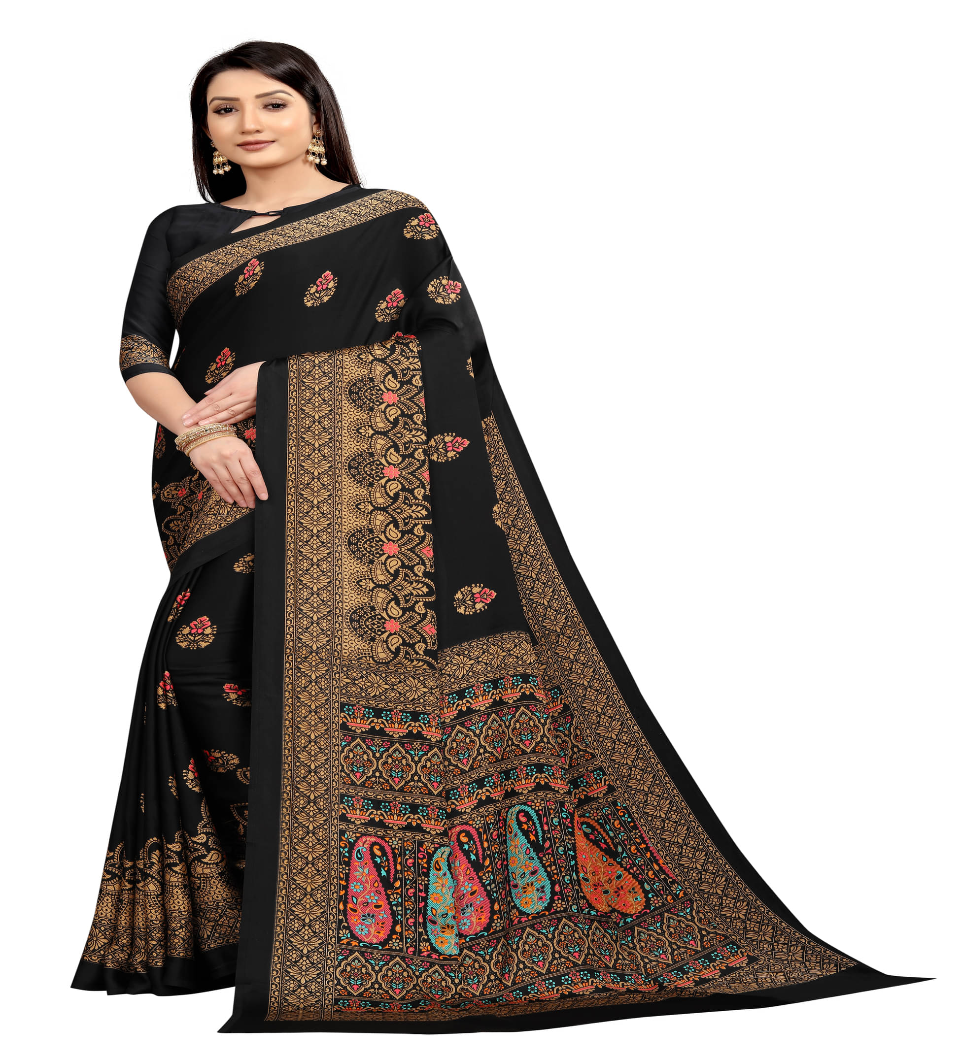     			Shree Sai Enterprise Georgette Embroidered Mysore Silk Sarees With Stitched Blouse ( Black )