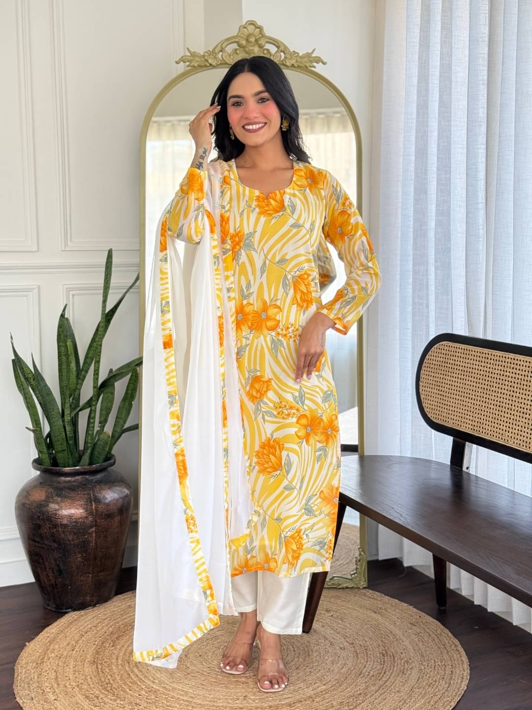 THE PRIVATE LABLE Women Chanderi Cotton Printed A-line Kurti With Pants ( Mustard ) THE PRIVATE LABLE Women Chanderi Cotton Printed A-line Kurti With Pants ( Mustard )
