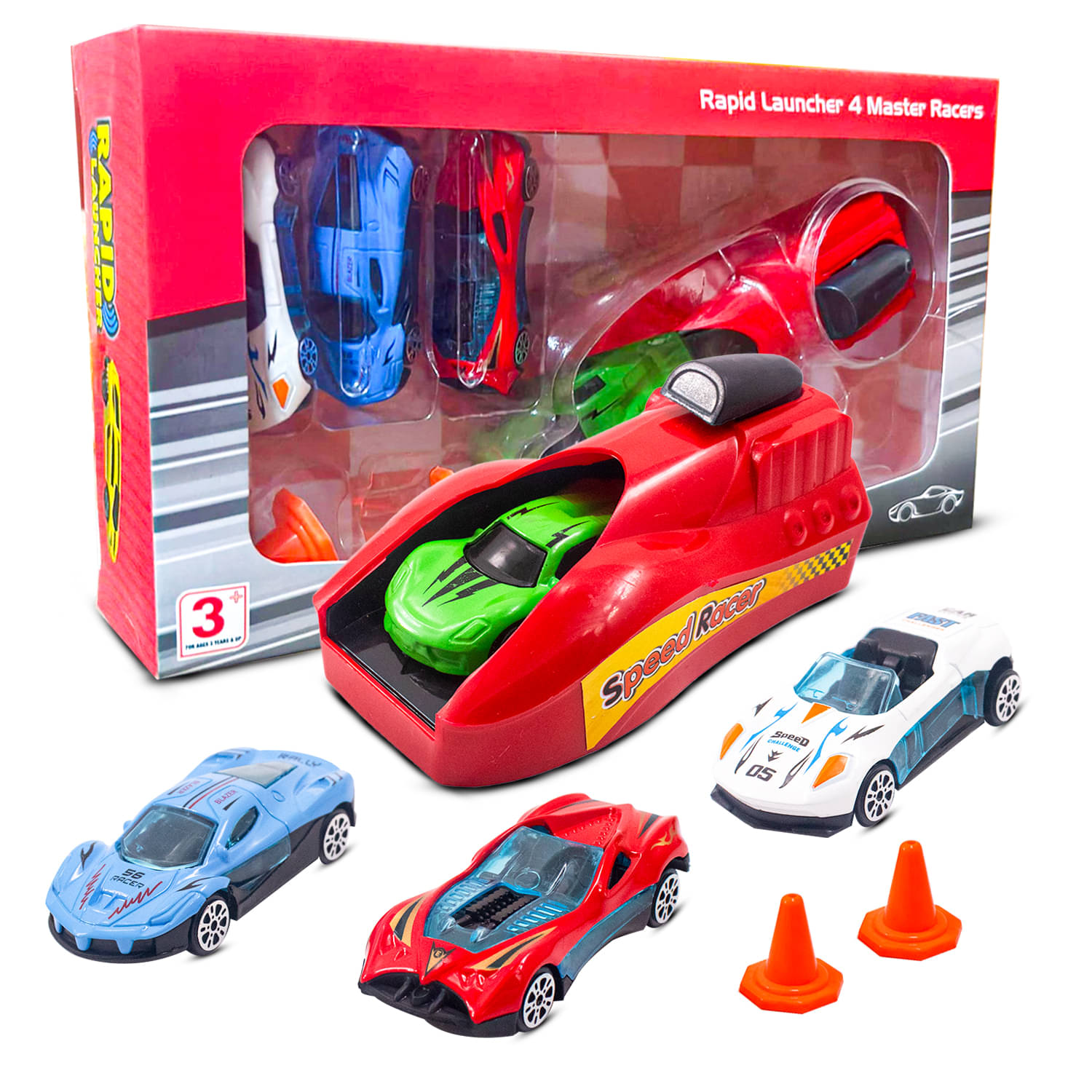     			Toy Cloud High-Speed Rapid Launcher Car Play Set with 4 Metal Die-Cast Racing Cars and Road Accessories, Durable Metal Cars Ideal Gift for Kids