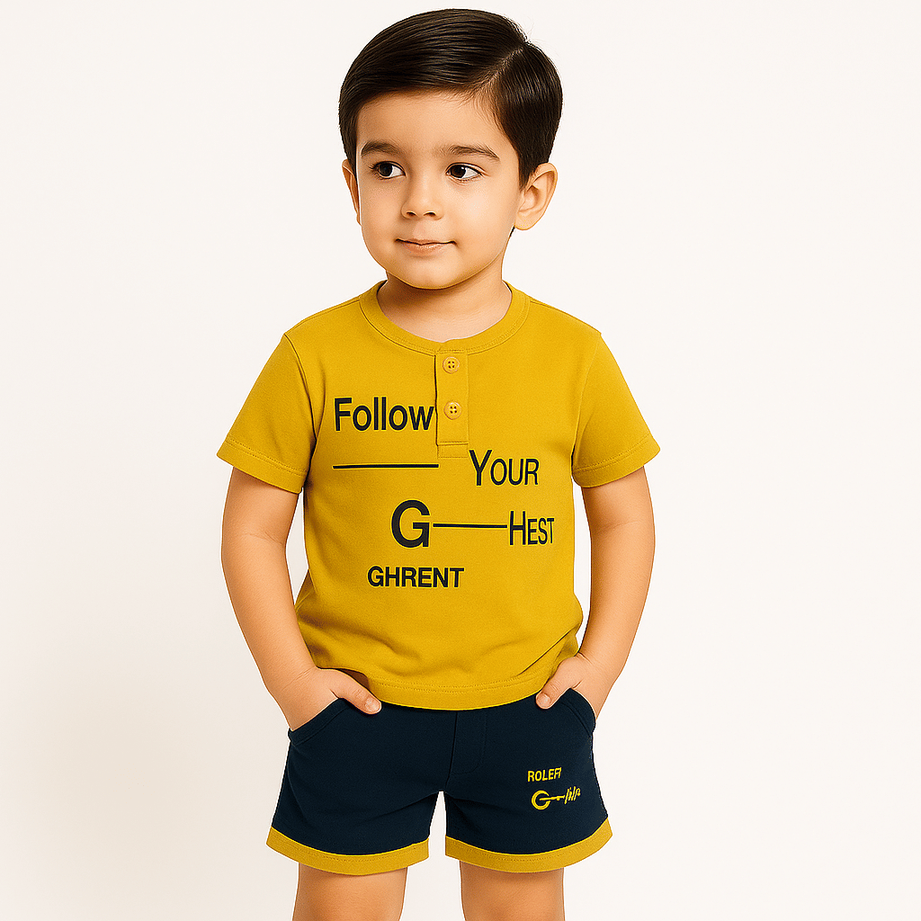 Tring Pack of 1 Boys Cotton Blend T-Shirt & Shorts Set ( Yellow ) Tring Pack of 1 Boys Cotton Blend T-Shirt & Shorts Set ( Yellow )
