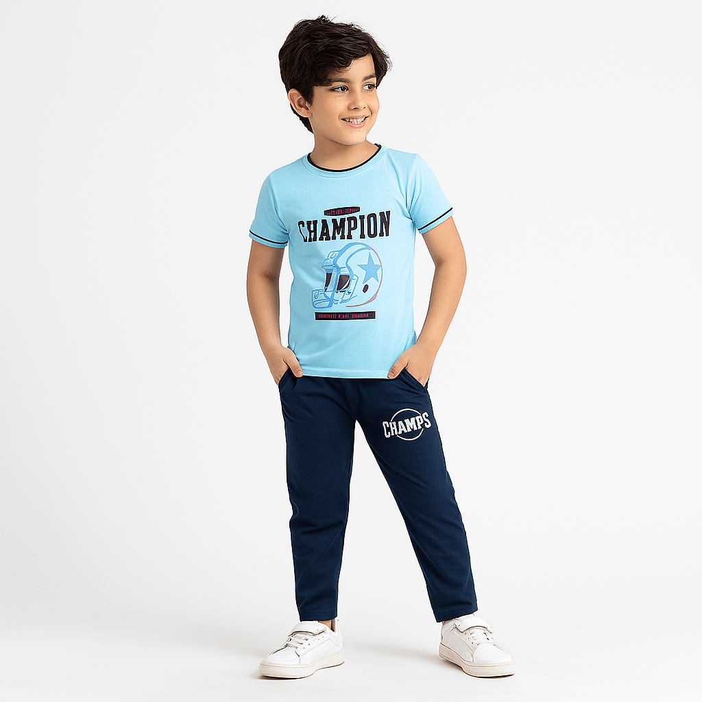 Tring Pack of 1 Boys Cotton Blend T-Shirt & Trackpants Set ( Blue ) Tring Pack of 1 Boys Cotton Blend T-Shirt & Trackpants Set ( Blue )