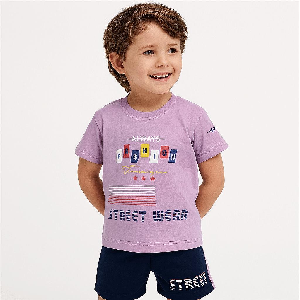 Tring Pack of 1 Boys Cotton Blend T-Shirt & Shorts Set ( Purple ) Tring Pack of 1 Boys Cotton Blend T-Shirt & Shorts Set ( Purple )