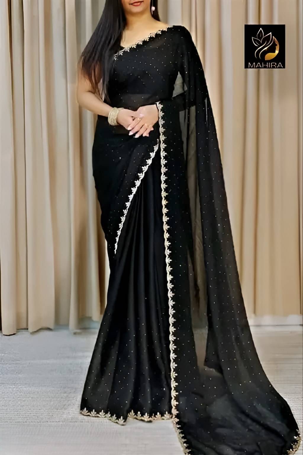     			V FANCY Chiffon Solid Kanjeevaram Sarees With Stitched Blouse ( Black )