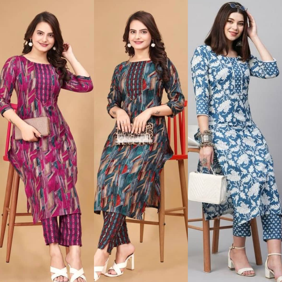 YAGNIK FASHION Women Cotton Blend Self Design Straight Kurti With Pants ( Multicoloured )