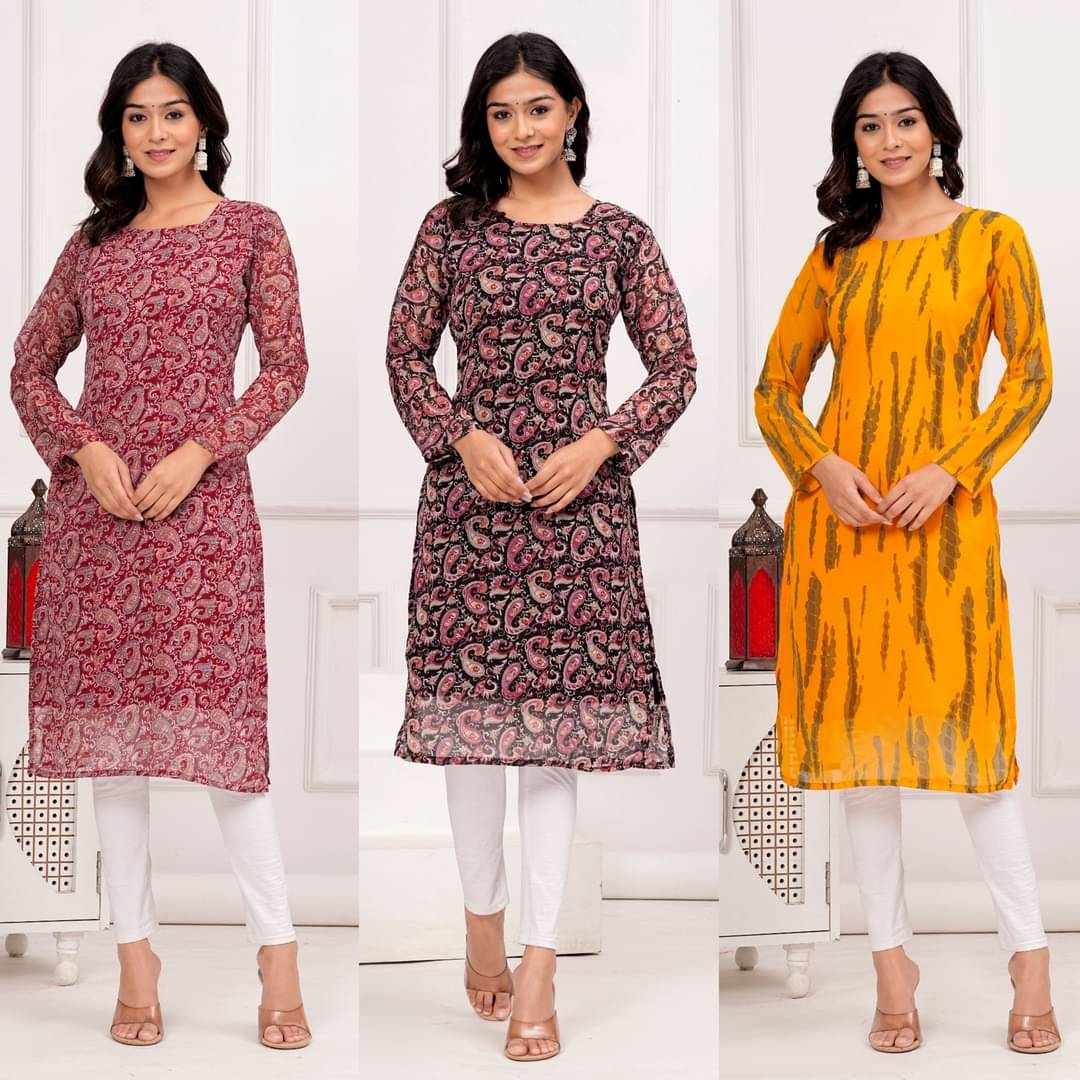 YAGNIK FASHION Women Georgette Self Design Straight Kurti ( Multicoloured ) YAGNIK FASHION Women Georgette Self Design Straight Kurti ( Multicoloured )