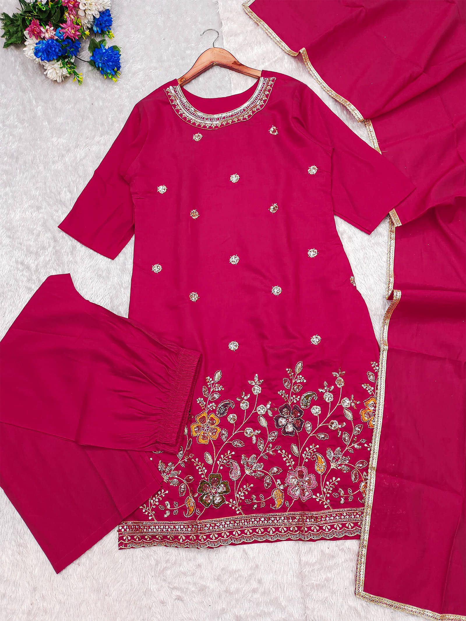 kedar fab Women Cotton Blend Embellished Straight Kurti With Palazzo ( Pink )     			kedar fab Women Cotton Blend Embellished Straight Kurti With Palazzo ( Pink )