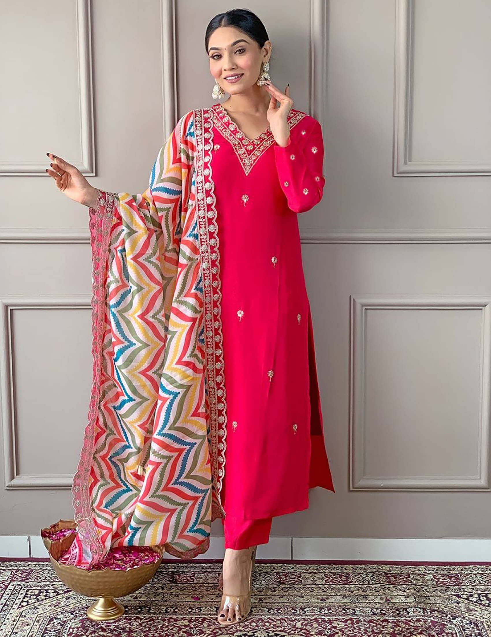 kedar fab Women Cotton Blend Embroidered A-line Kurti With Pants ( Pink )