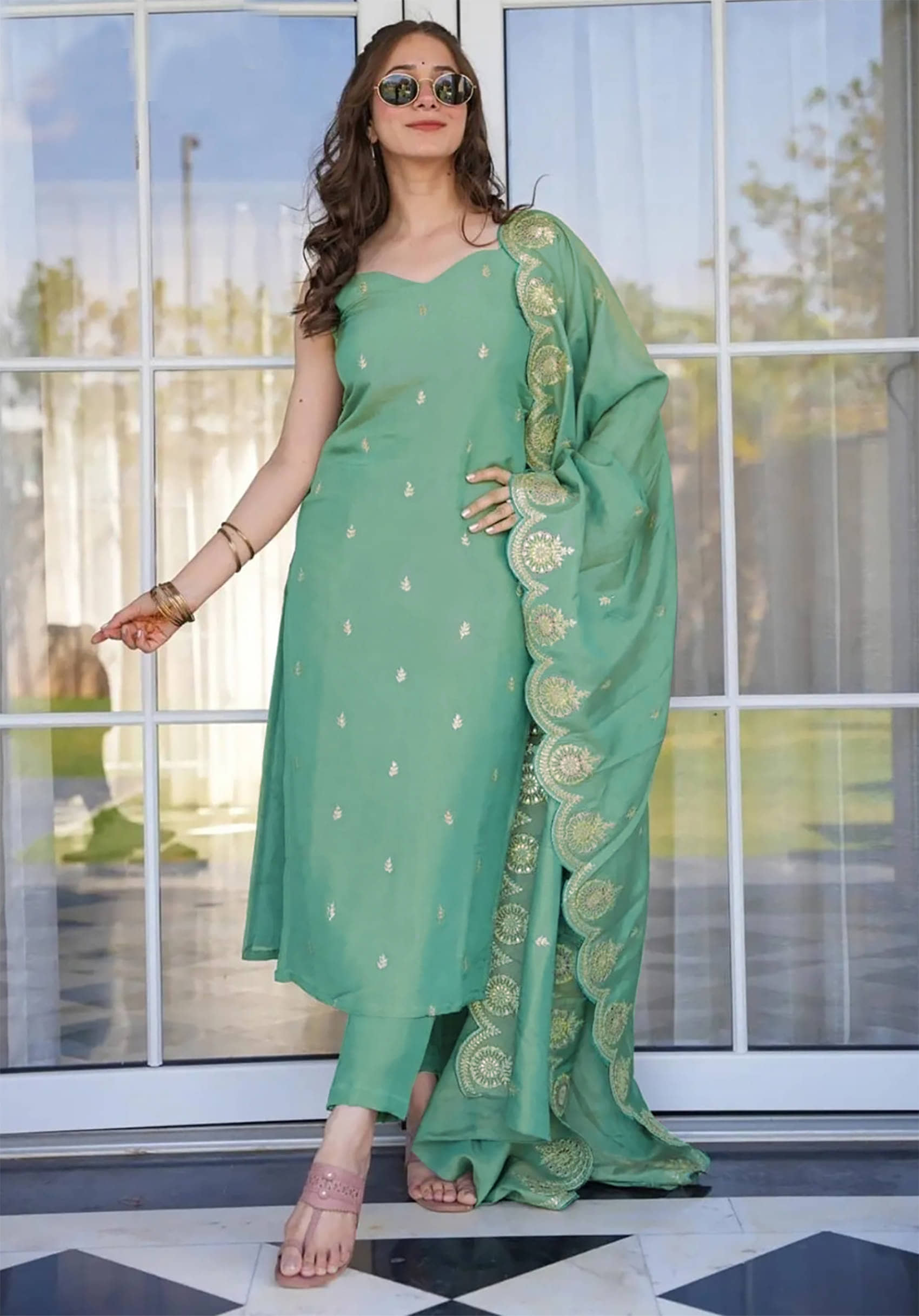 kedar fab Women Cotton Blend Embroidered A-line Kurti With Pants ( Sea Green )