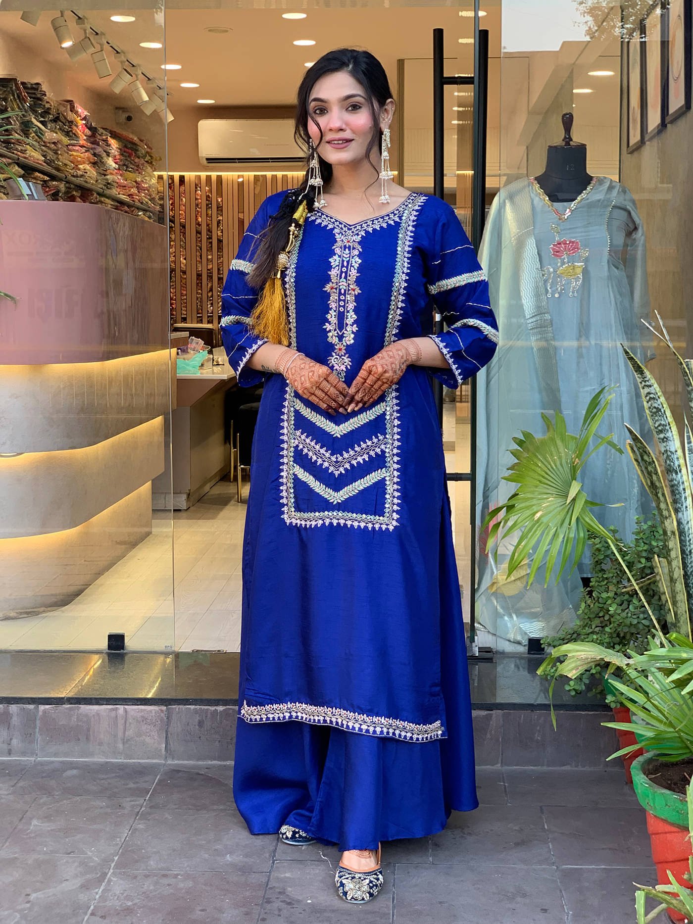     			kedar fab Women Silk Blend Embroidered Straight Kurti With Palazzo ( Blue )