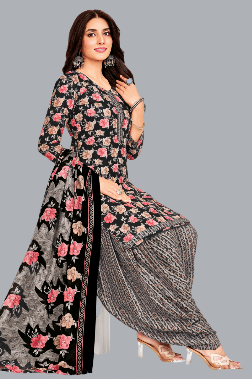     			shree jeenmata collection Women Cotton Printed Straight Kurti With Patiala Salwar ( Black )
