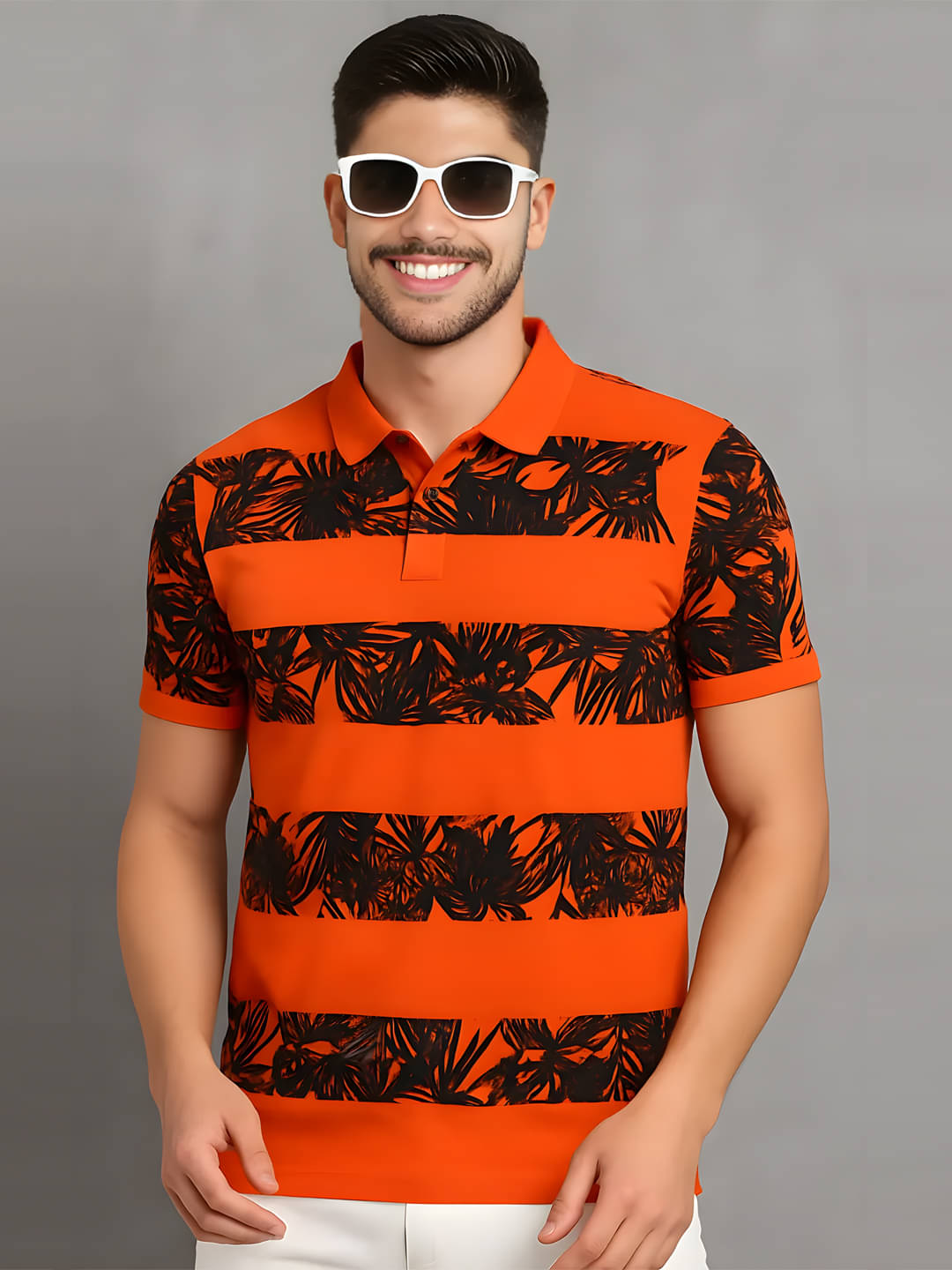 COCOSOUL Men Polyester Regular Fit Printed Polo T Shirt ( Orange ) COCOSOUL Men Polyester Regular Fit Printed Polo T Shirt ( Orange )