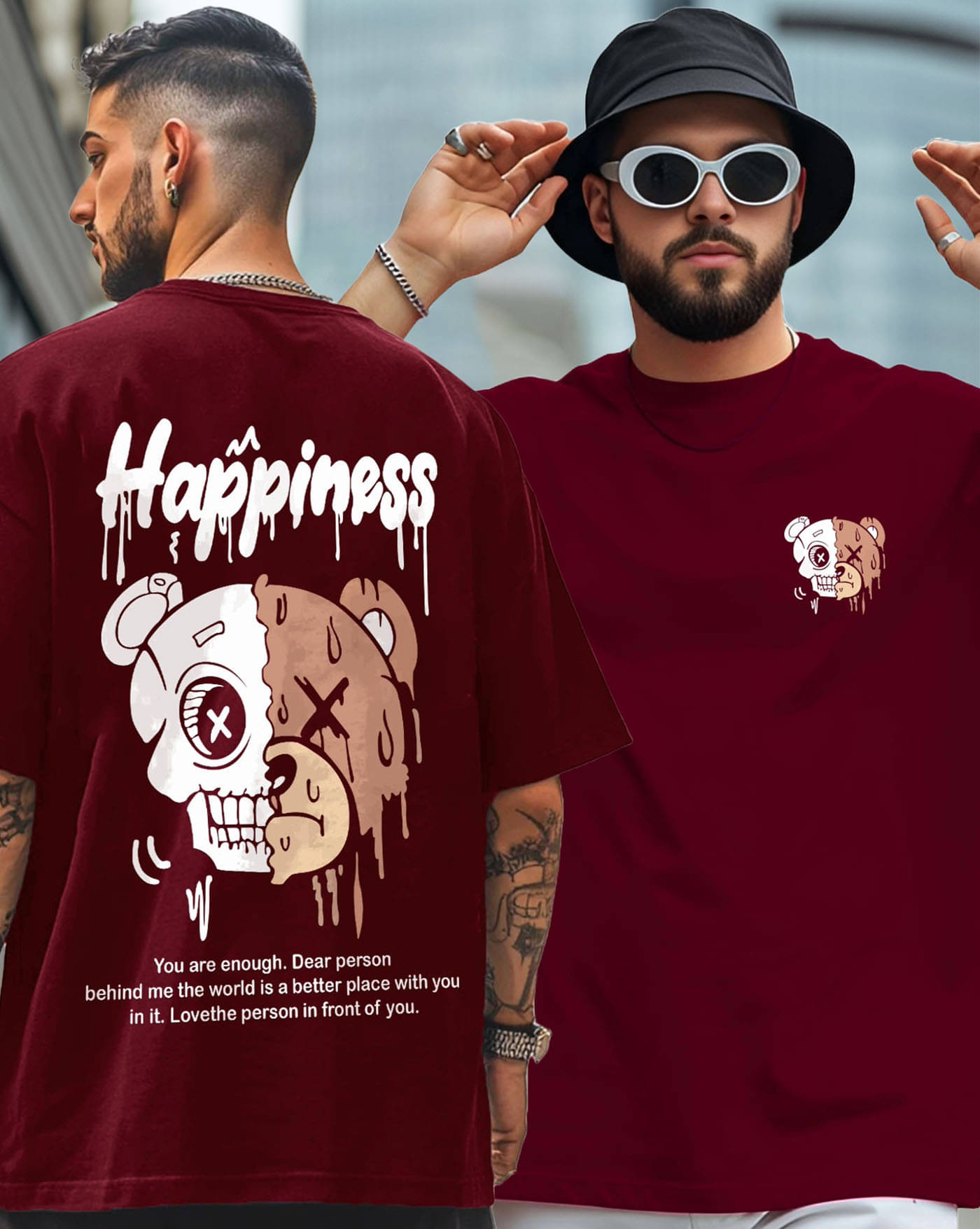 ENITOR Men Cotton Blend Oversized Fit Printed T-Shirt ( Maroon ) ENITOR Men Cotton Blend Oversized Fit Printed T-Shirt ( Maroon )