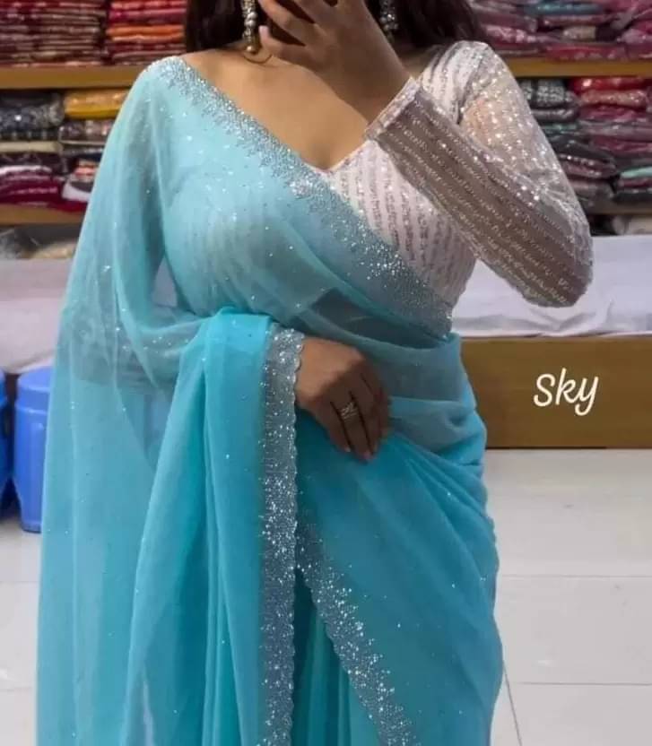     			Samai Georgette Embellished Regular Saree With Unstitched Blouse Piece ( Light Blue )