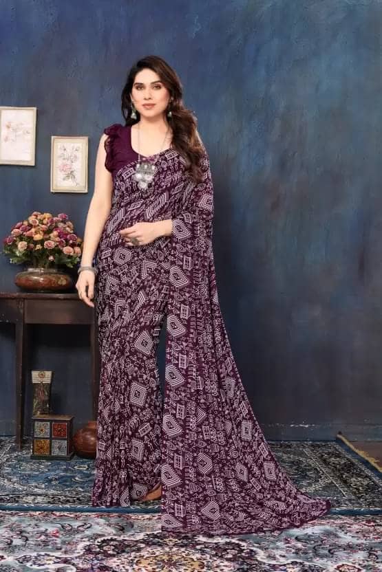 Samai Georgette Printed Regular Saree With Unstitched Blouse Piece ( Wine ) - Sarees | Buy online on ZillyBuy