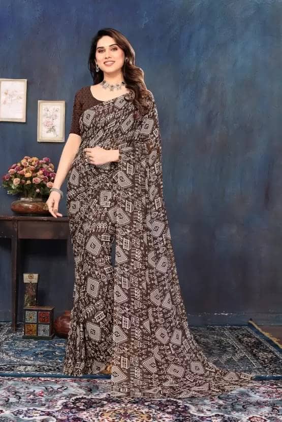 Samai Georgette Printed Regular Saree With Unstitched Blouse Piece ( Brown ) - Sarees | Buy online on ZillyBuy