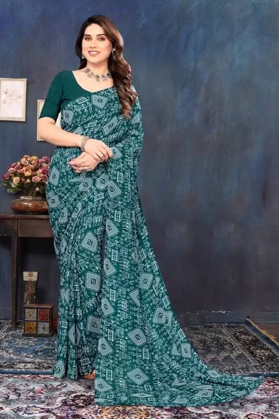 Samai Georgette Printed Regular Saree With Unstitched Blouse Piece ( Rama ) - Sarees | Buy online on ZillyBuy