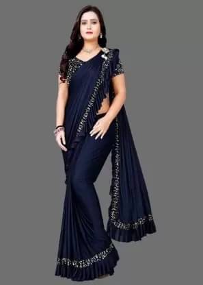     			Samai Lycra Solid Regular Saree With Unstitched Blouse Piece ( Navy Blue )