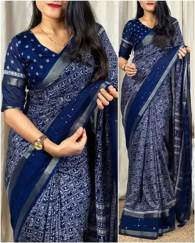 YUGAVEERAA Cotton Silk Printed Regular Saree With Unstitched Blouse Piece ( Navy Blue ) YUGAVEERAA Cotton Silk Printed Regular Saree With Unstitched Blouse Piece ( Navy Blue )
