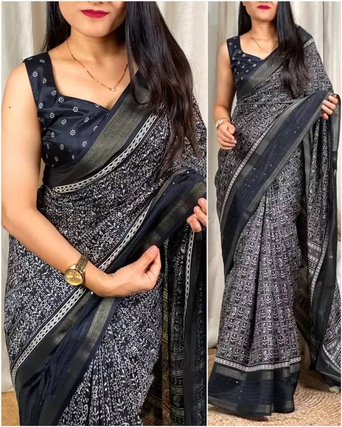 YUGAVEERAA Cotton Silk Printed Regular Saree With Unstitched Blouse Piece ( Black ) YUGAVEERAA Cotton Silk Printed Regular Saree With Unstitched Blouse Piece ( Black )