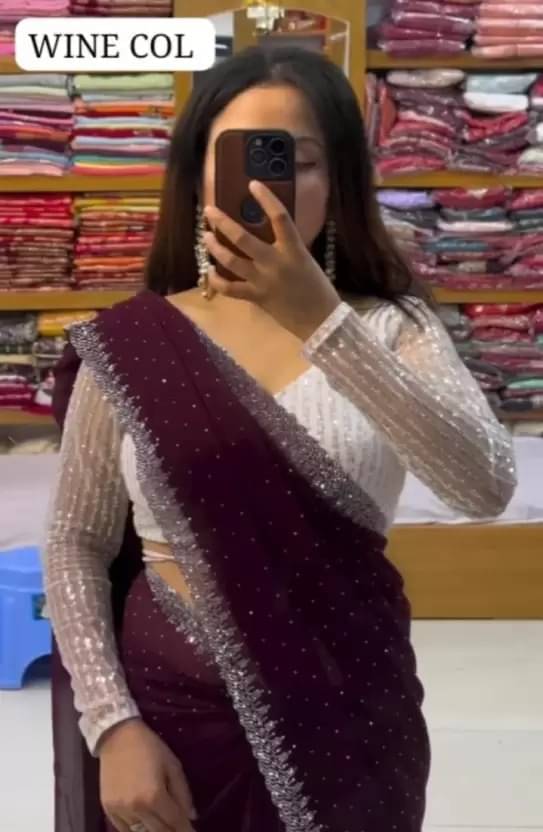 YUGAVEERAA Georgette Embellished Regular Saree With Unstitched Blouse Piece ( Wine ) YUGAVEERAA Georgette Embellished Regular Saree With Unstitched Blouse Piece ( Wine )