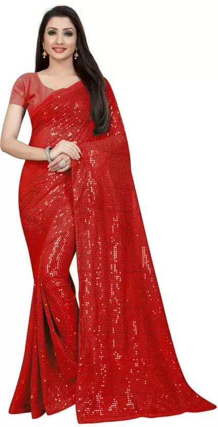 YUGAVEERAA Georgette Embellished Regular Saree With Unstitched Blouse Piece ( Red ) YUGAVEERAA Georgette Embellished Regular Saree With Unstitched Blouse Piece ( Red )