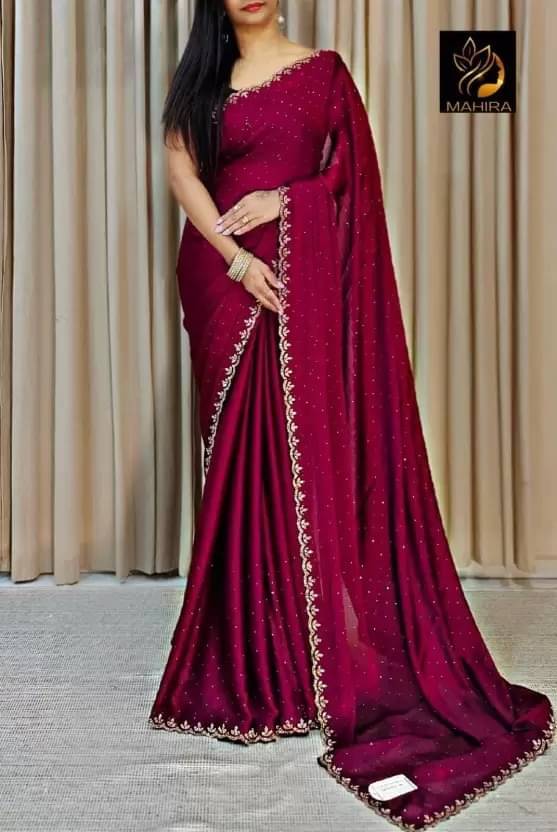 YUGAVEERAA Georgette Embellished Regular Saree With Unstitched Blouse Piece ( Wine ) YUGAVEERAA Georgette Embellished Regular Saree With Unstitched Blouse Piece ( Wine )