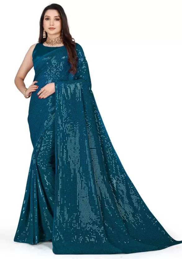 YUGAVEERAA Georgette Embellished Regular Saree With Unstitched Blouse Piece ( Turquoise ) YUGAVEERAA Georgette Embellished Regular Saree With Unstitched Blouse Piece ( Turquoise )