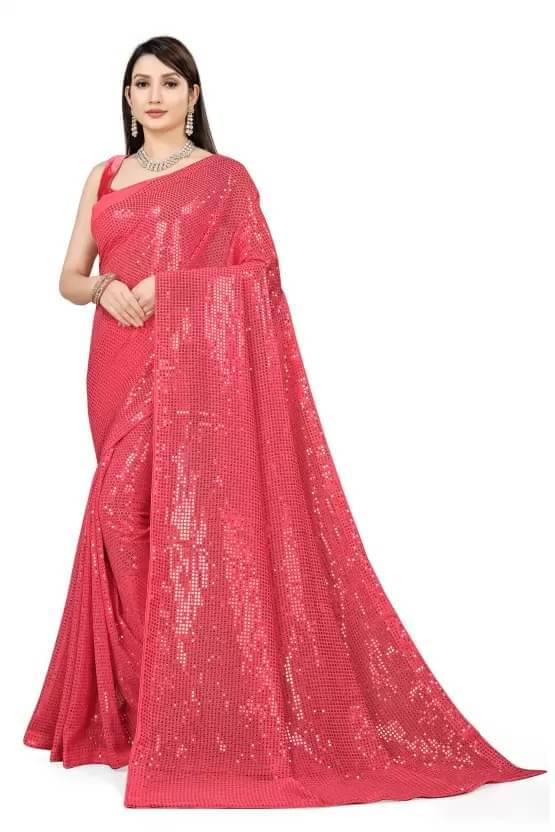YUGAVEERAA Georgette Embellished Regular Saree With Unstitched Blouse Piece ( Peach ) YUGAVEERAA Georgette Embellished Regular Saree With Unstitched Blouse Piece ( Peach )