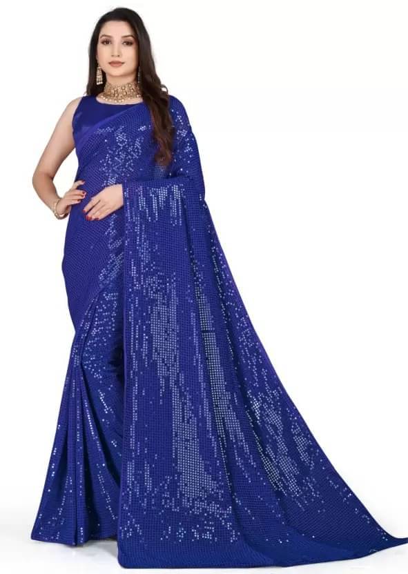 YUGAVEERAA Georgette Embellished Regular Saree With Unstitched Blouse Piece ( Blue ) YUGAVEERAA Georgette Embellished Regular Saree With Unstitched Blouse Piece ( Blue )