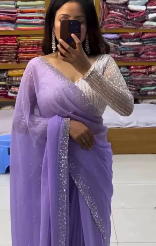 YUGAVEERAA Georgette Embellished Regular Saree With Unstitched Blouse Piece ( Lavender ) YUGAVEERAA Georgette Embellished Regular Saree With Unstitched Blouse Piece ( Lavender )