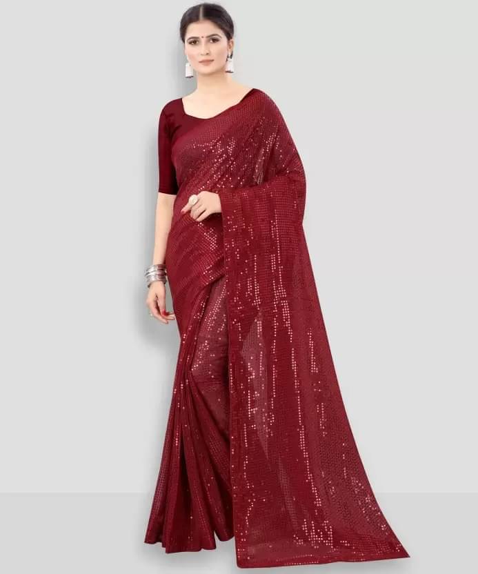 YUGAVEERAA Georgette Embellished Regular Saree With Unstitched Blouse Piece ( Maroon ) YUGAVEERAA Georgette Embellished Regular Saree With Unstitched Blouse Piece ( Maroon )